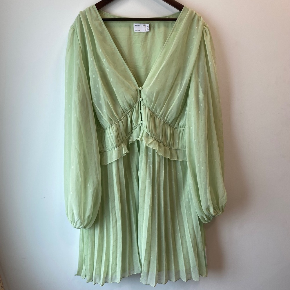 ASOS DESIGN Dress W Sz 18 Green Curve Pleated Witchy Pleated V-Neck Whimsigoth